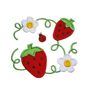 Strawberry Blooms Applique Machine Embroidery Digital Design Strawberries Flowers Leaves Summer Farm Counry