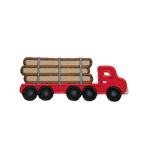 May include: A red toy truck with a flatbed carrying four brown logs. The truck has six wheels and a simple cab.