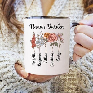 Mama's Garden Mug with Birth Month Flowers and Children's Names, Grandma Birthday Gift - 11 oz and 15oz, Custom Title - Mothers Day Gift