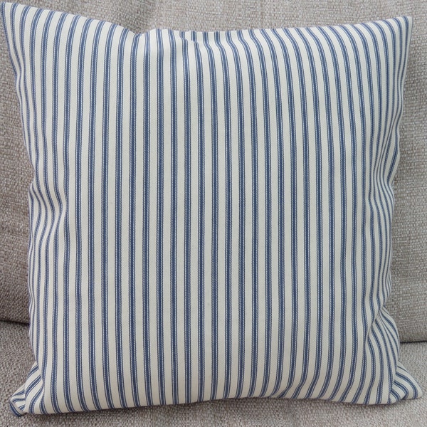 Blue/Ivory Ticking Stripe cushion cover in 100% cotton fabric