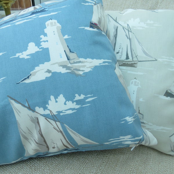 Clarke and Clarke Skipper Yachts and Lighthouse Print Pale Beige, Taupe or Marine Blue Cotton Cushion Cover