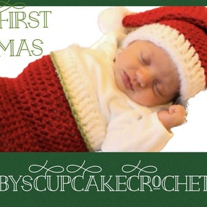 Handmade Crochet Christmas Baby Photo Prop - Santa Hat and Christmas Stocking Cocoon OR 3 Pc Set Hat/Cocoon/Booties  - NB Announcement