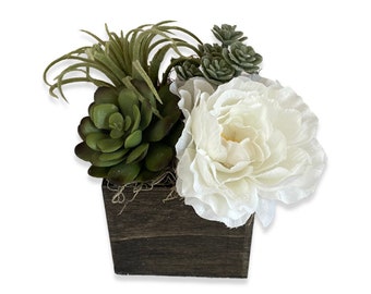 Mini Succulent Arrangement in Wood Planter, Artificial Succulent Planter, Fake Plants Decor, Faux Succulent Arrangement