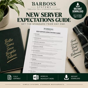 May include: A digital template for a New Server Expectations Guide by Barboss Systems. The document features a list of ten professional categories, a black notebook with gold text, a black pen, and a dark cloth on a light surface.
