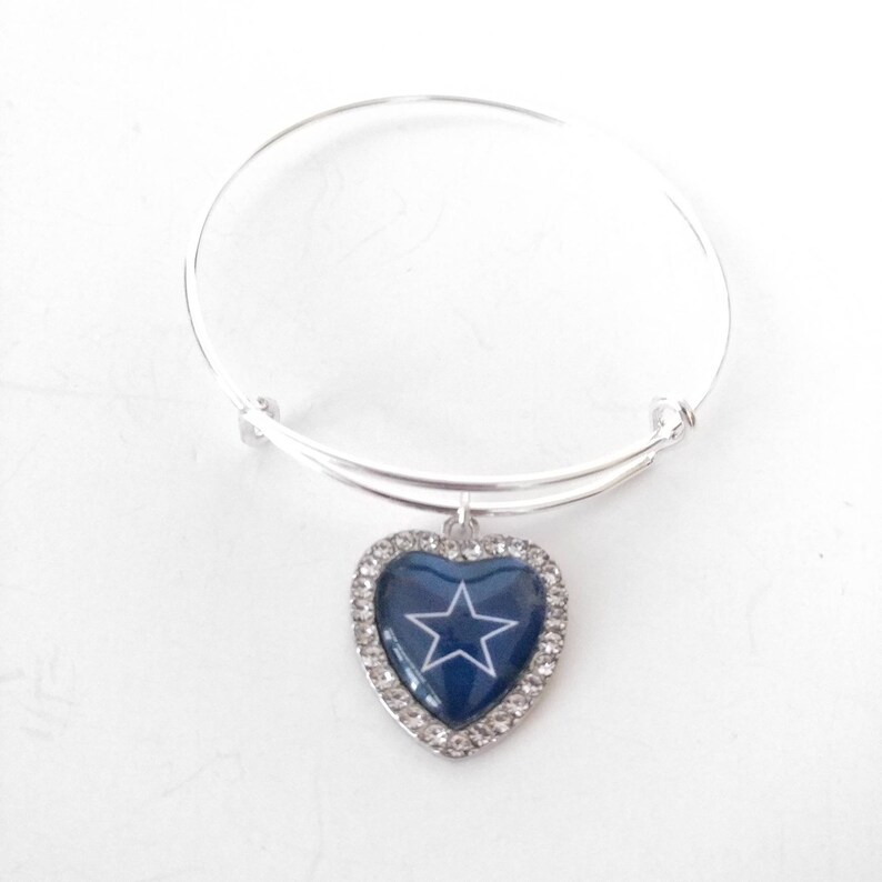 Dallas Cowboys football team crystal heart charm bangle bracelet or snake chain necklace