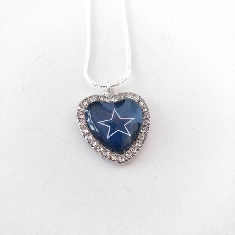 Dallas Cowboys football team crystal heart charm bangle bracelet or snake chain necklace