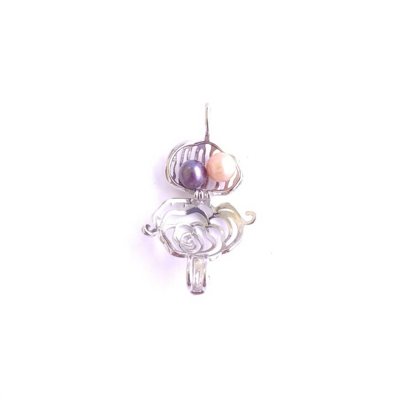 Large rose silver plated pearl cage pendant and chain available with or without oyster containing real cultured pearl