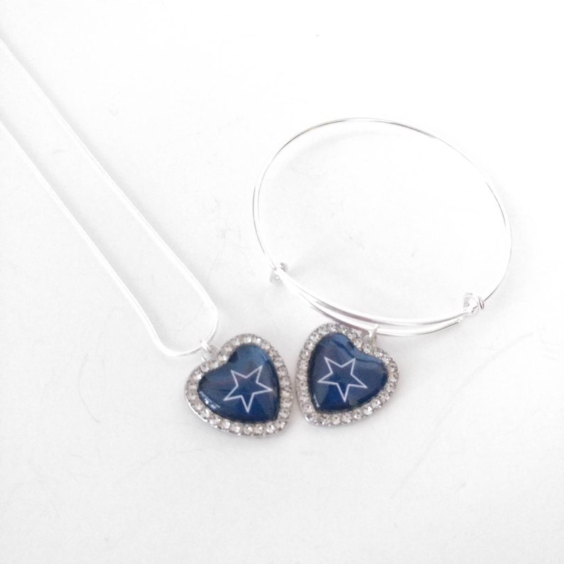 Dallas Cowboys football team crystal heart charm bangle bracelet or snake chain necklace