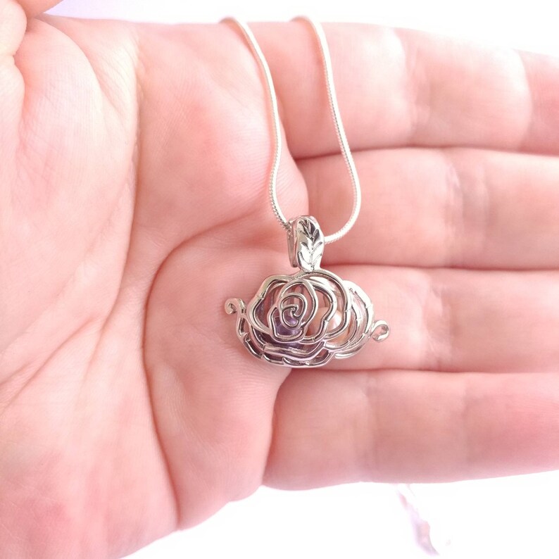 Large rose silver plated pearl cage pendant and chain available with or without oyster containing real cultured pearl