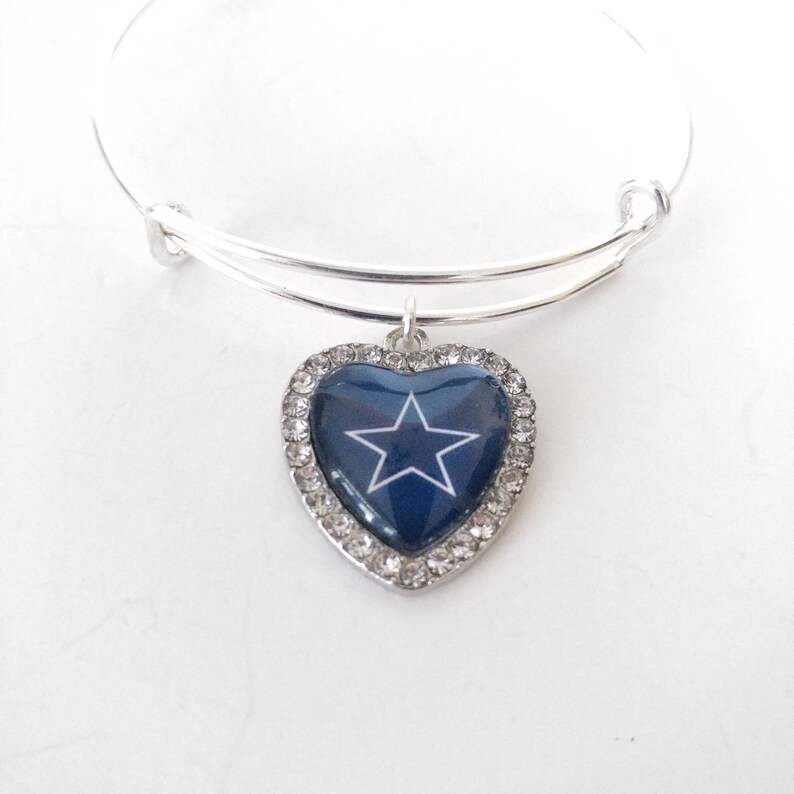 Dallas Cowboys football team crystal heart charm bangle bracelet or snake chain necklace