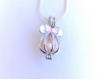 Minnie Mouse bow silver plated pearl cage pendant and chain - available with or without oyster containing real cultured pearl
