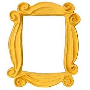 May include: A yellow, decorative picture frame with a unique, wavy design. The frame is reminiscent of the iconic frame from the TV show "Friends".