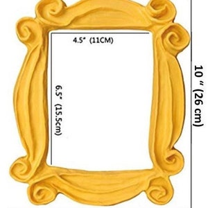 May include: A yellow plastic picture frame with a unique, wavy design. The frame measures 10 inches tall by 8 inches wide and 4.5 inches across the opening.