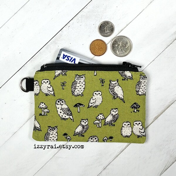 Coin Purse - Owls - WOODLAND OWL - Cute Coin Purse -Gift - Change Wallet - Zipper Bag - Olive / Moss Green - Card Wallet - Zipper Coin Pouch