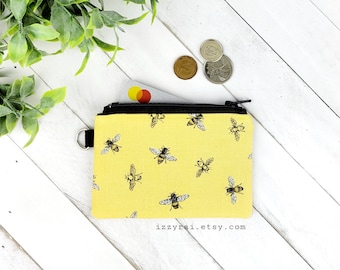 HONEY BEE - Coin Purse - Gift - Change Wallet - Travel Pouch - Zipper Bag - Card Wallet - Save the Bees - Buzzing Bees - Yellow - Bee Lover