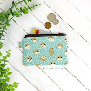 Porta-moedas - HEDGEHOGS - Porta-moedas - Carteira de cartão - Presente - Verde-azulado / Marrom - Porta-moedas fofo - Estojo para cartão - Bolsa com zíper - Animais da floresta