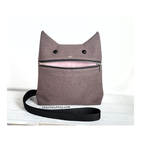 CAT PURSE - Gray / Brown bag - kids purse / adult purse - gift - adjustable strap - cross body purse - shoulder bag - cat lover - cat lady
