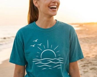 Sunrise Over Waves T-shirt | Minimal Beach Graphic