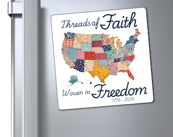 Patchwork USA Map Magnet | Threads of Faith, Woven in Freedom Country Kitchen Decor