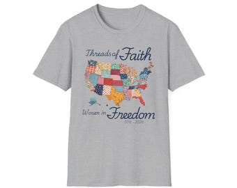 Threads of Faith map T-Shirt | patchwork USA map, Woven in Freedom script | America 250