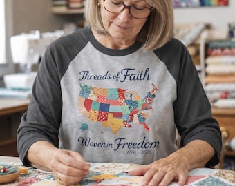 Patchwork USA Map Threads of Faith design Raglan Shirt | Woven in Freedom