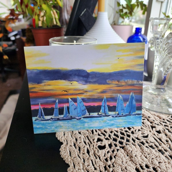 Fine Art Note Card, print of my acrylics on canvas painting, Titled "Sunset Drills Pontiac Yacht Club" ,sailboats, sailing, lake life.