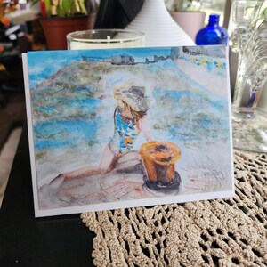 Fine Art Note Card, aquarelprint van mijn originele kunstwerken, Print met de titel Ik wens je waar hier, meisje op het strand. Kust