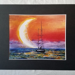 Moonlight Sail Fine Art Print shown here in 8&quot; x 10&quot; print matted to 11&quot; x 14&quot; , coastal,lake life,ocean view beautiful print in any home.