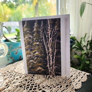Fine Art Note Card, afdruk van mijn originele acryl op canvas artwork, schilderij getiteld "Noord" in het noorden van Michigan, berk, dennen, bomen. bossen