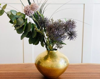 Vintage Brass Vase | Brass Flower Vase Made in India | Squat Vase | Large Round Vase