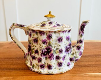 Vintage Tea Pot | Purple Pansy Floral Tea Pot | Cottage Style Porcelain Teapot Purpie Pansy by Allison L.L.