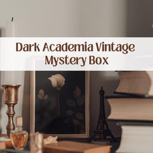 May include: A collection of vintage items including a framed botanical print, a brass candlestick, a miniature Eiffel Tower, and books. The image includes the text "Dark Academia Vintage Mystery Box" across the top.