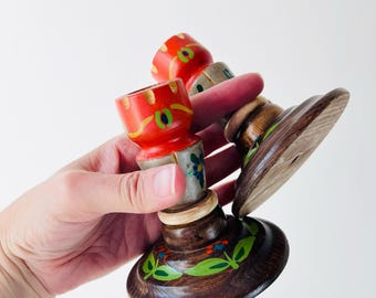 Vintage Wood Candlestick Holders | Pair of Hand Painted Folk Art Candle Holders, Primitive