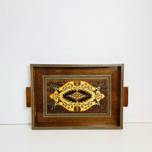 Vintage Marquetry Wood Tray | Ornate Wood Inlay Decorative Serving Tray with Handles