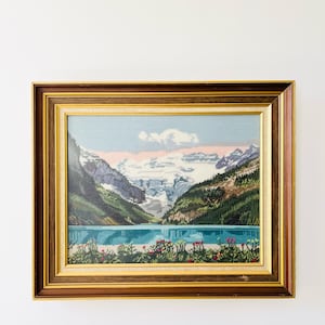 Vintage Needlepoint Mountain Landscape | 1970s Large Beautiful Canadian Framed Wall Decor