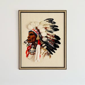 Vintage Indian Chief Crewel | 1970s Framed Fibre Art Sunset Stitchery #2220