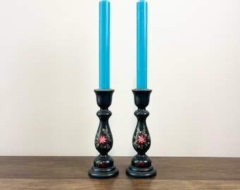Vintage Wooden Candle Holders Hand Painted Folk Art Moody Floral