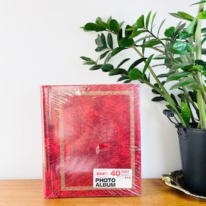 Vintage Dry Mount Photo Album 40 Pages | 1970&#39;s Red and Gold Picture Binder, Self Adhesive Scrapbook, New Old Stock