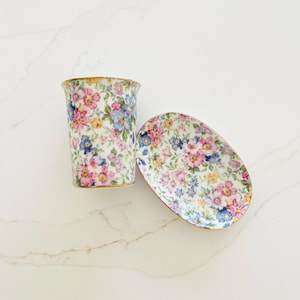 Vintage Floral Bathroom Set | Pretty Soap Dish and Toothbrush Holder, Cottagecore, Coquette, Pink, Gold
