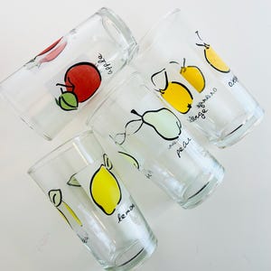 verres vintage aux fruits | Gobelets poire, pomme, pêche et citron