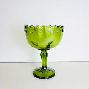 Vintage Avocado Green Glass Pedestal Bowl | Tall 1970s Indian Glass Footed Scalloped Compote Dish