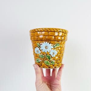 May include: A ceramic planter with a basket weave design in shades of brown and yellow. The planter features a floral design with light blue flowers and green leaves. The planter is held by a hand.