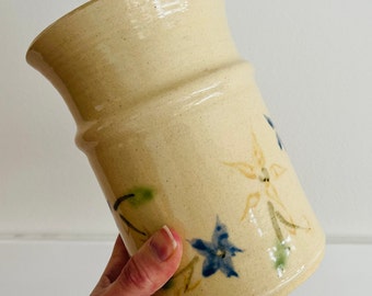 Vintage Neutral Floral Vase | Studio Pottery Vase | Cream Blue and Yellow Flower Vase | Neutral Home Decor Ceramic Vase