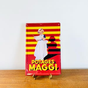 Antique Maggi Red Tin Advertising Sign | Vintage Red and Yellow Sign &#39;Potages&#39; Wall Decor Sign
