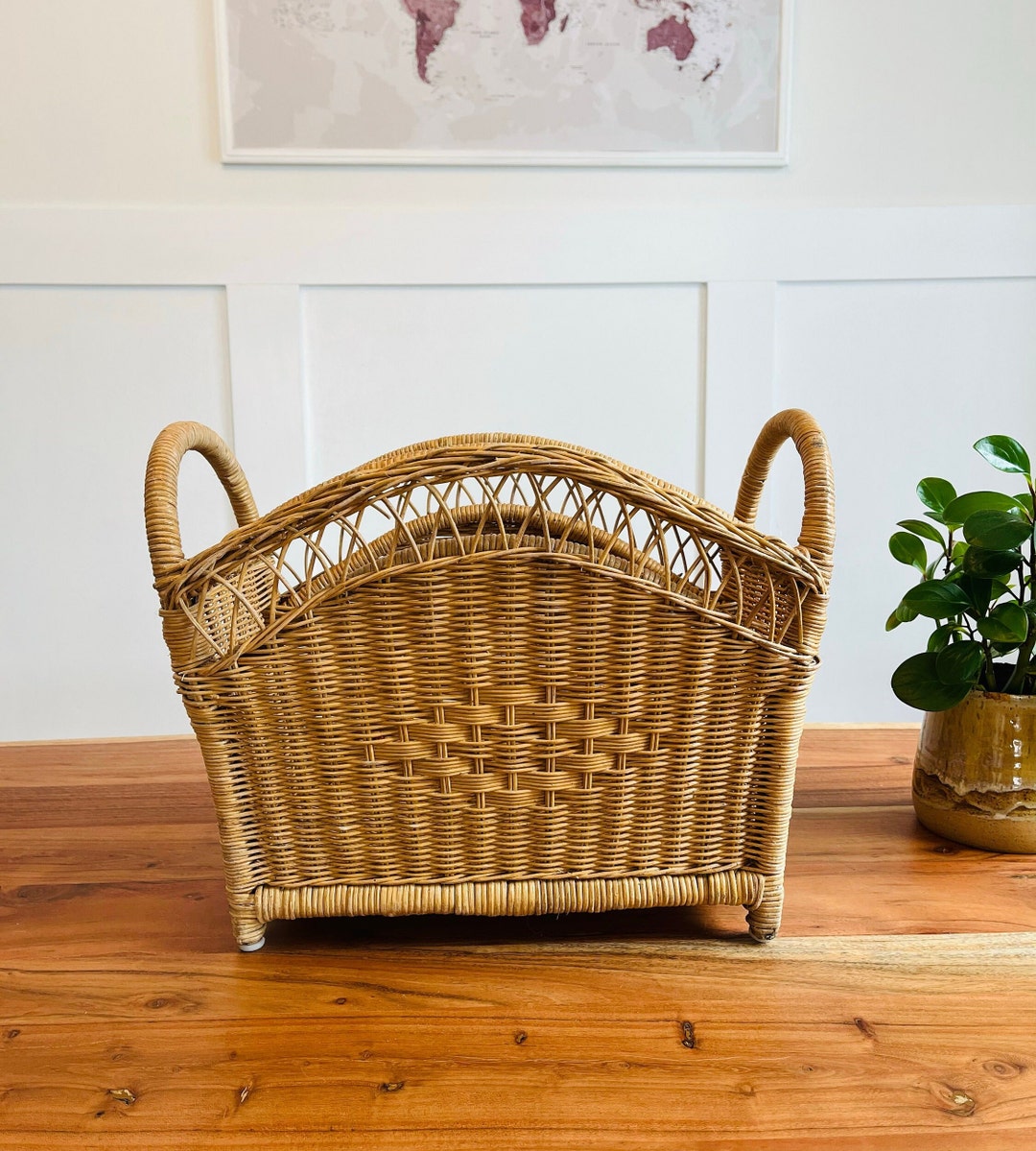 Vintage Wicker Magazine Holder | Rattan Magazine Rack | Vintage Rattan ...