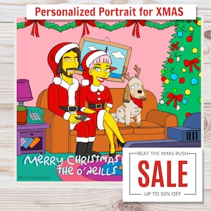 Simpsons christmas, Personalized gift, illustrated family cartoon portrait, family portrait, commission portrait inspired by the Simpsons