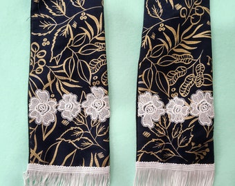 Striking minister's stole made from black cotton fabric with gold botanical print