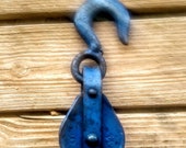 Antique Primitive Blue Rusty Pulley Trolley Barn Find