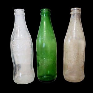 Three Glass 1960&#39;s Transition No Deposit Bottles Mt. Dew, Coca Cola, Pepsi