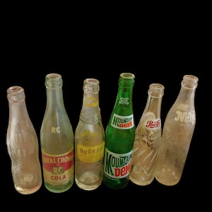 Six Pack of Vintage ACL & Embossed Soda Bottles Return for Deposit Bottles Nice Condition